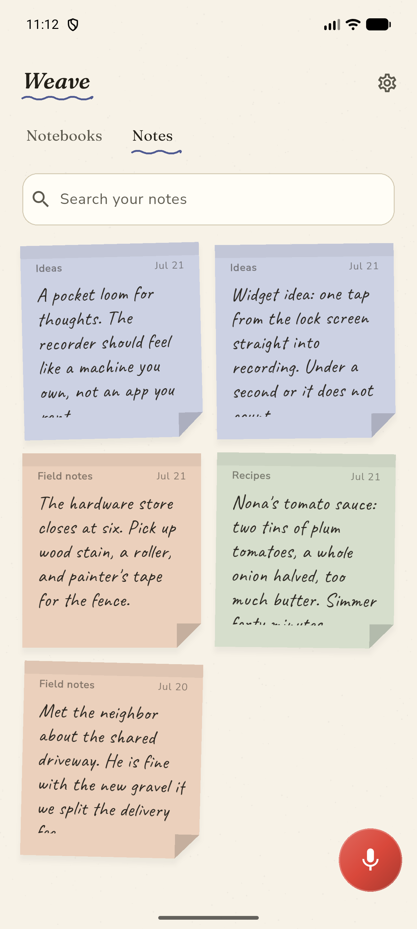 Notes page with sticky notes in palette colors.